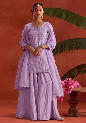 Lilac Embroidered Silk Blend Sharara Set
