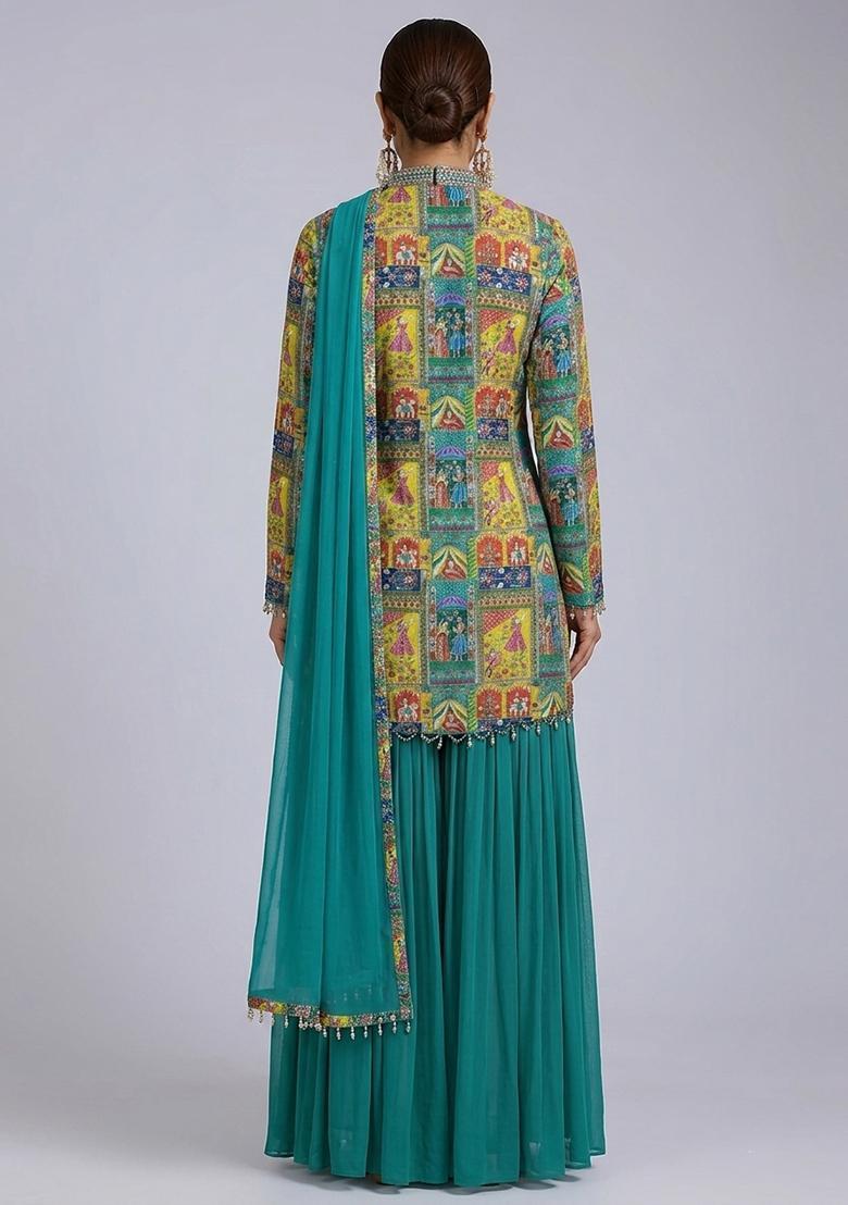 Teal Green Printed Crepe Sharara Set - Indya