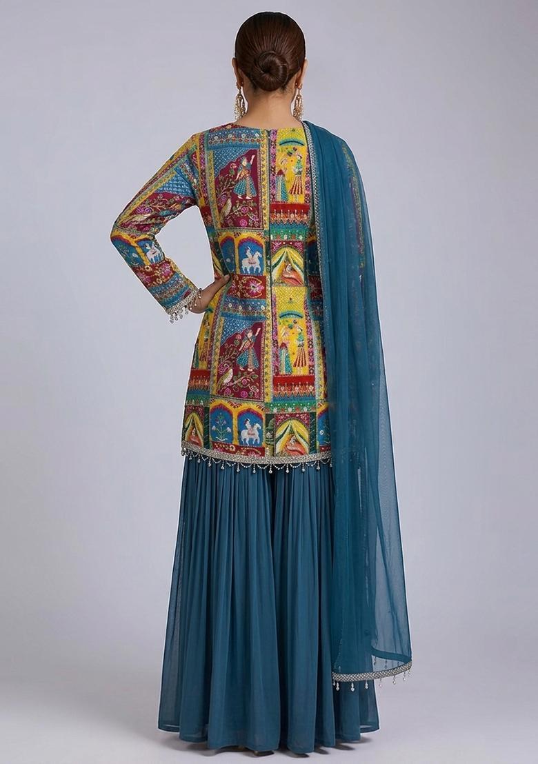 Midnight Blue Printed Crepe Sharara Set - Indya