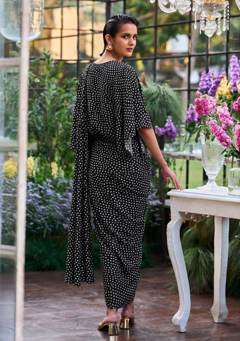 Black Printed Crepe Pre Draped Saree Set - Indya
