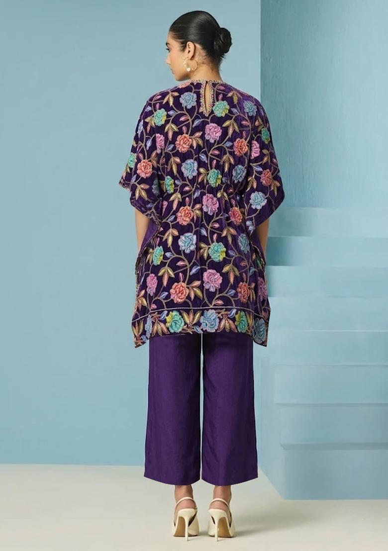 Deep Purple Printed Crepe Kurta Set - Indya