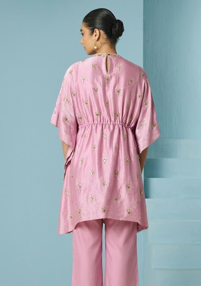 Soft Pink Embroidered Silk Blend Kurta Set - Indya
