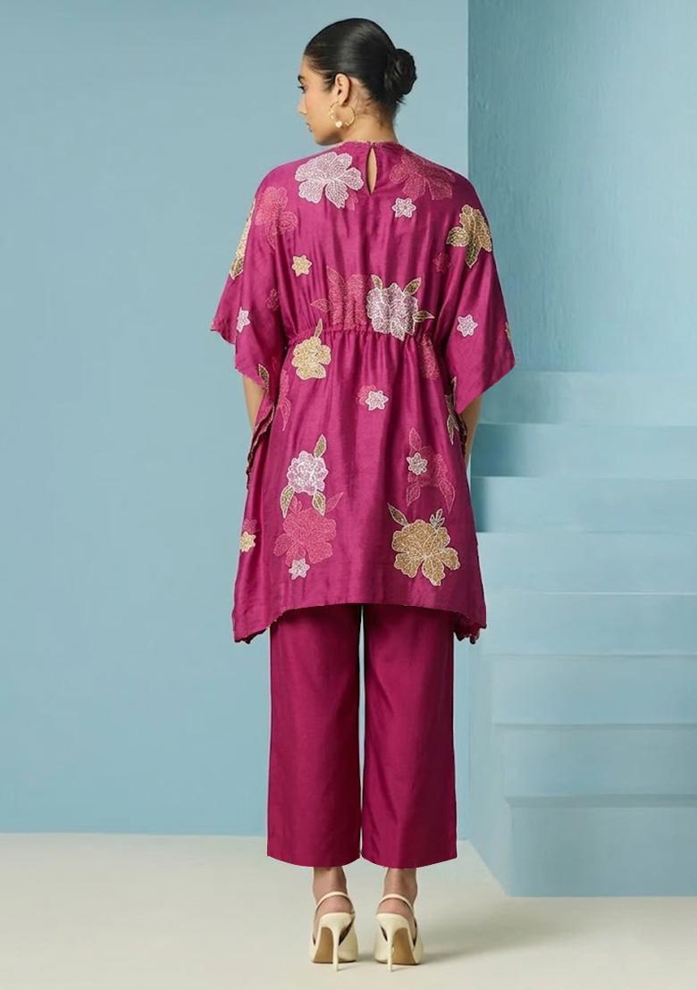 Rani Pink Embroidered Chanderi Kurta Set - Indya