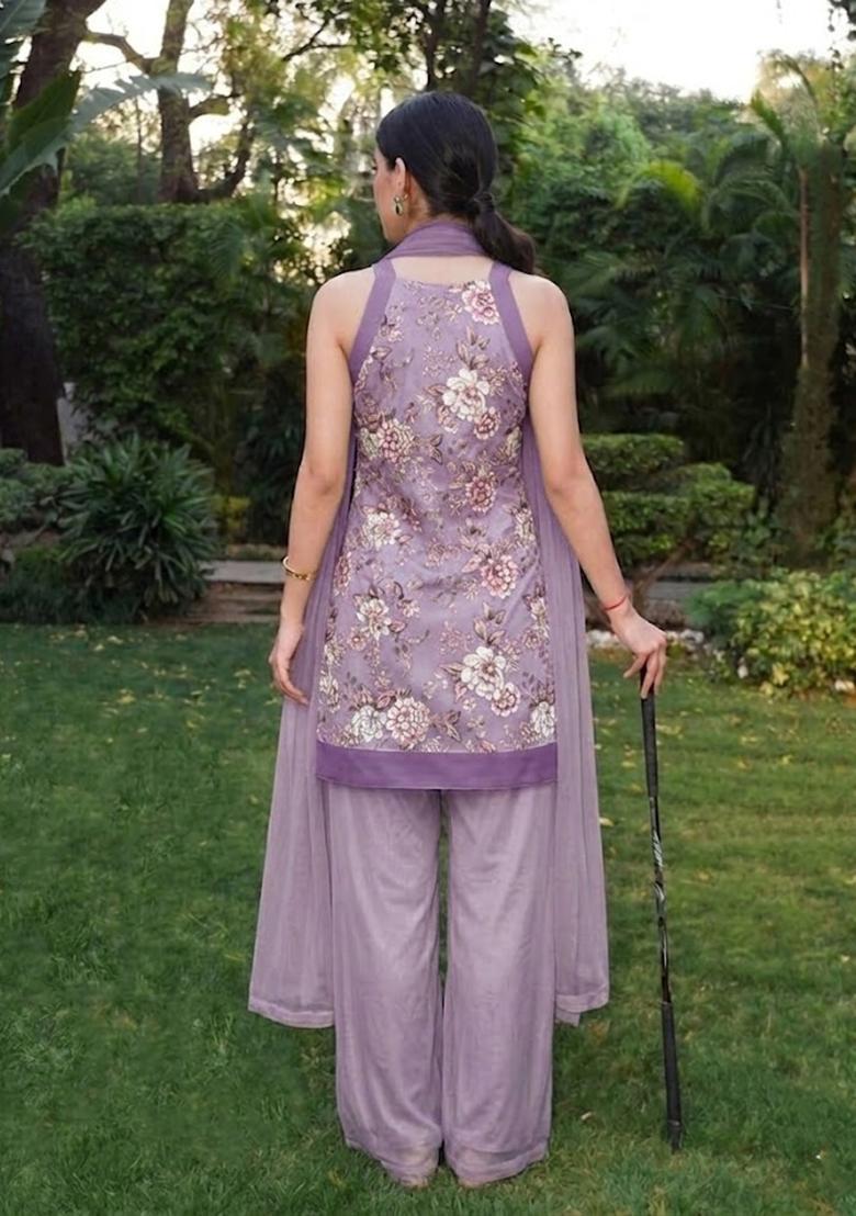 Lavender Printed Crepe Kurta Set - Indya