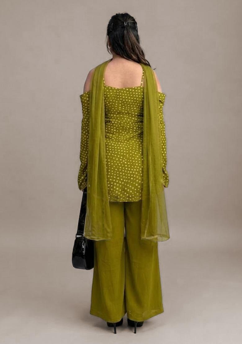 Olive Green Printed Crepe Kurta Set - Indya