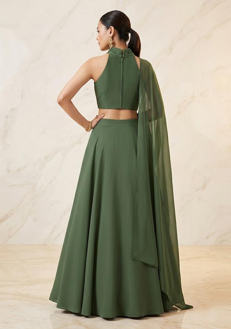 Olive Green Handwork Lehenga Set - Indya