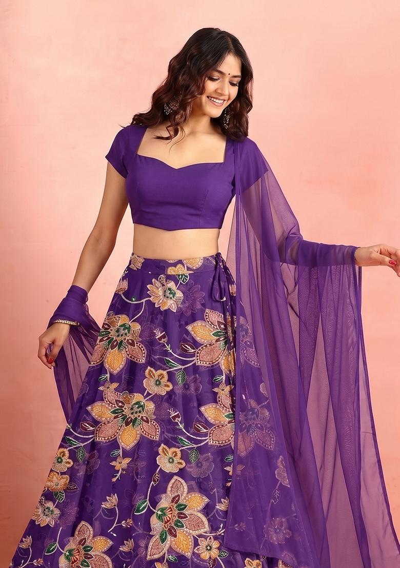 Purple Printed Organza Lehenga Set - Indya