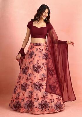 Pink Printed Organza Lehenga Set