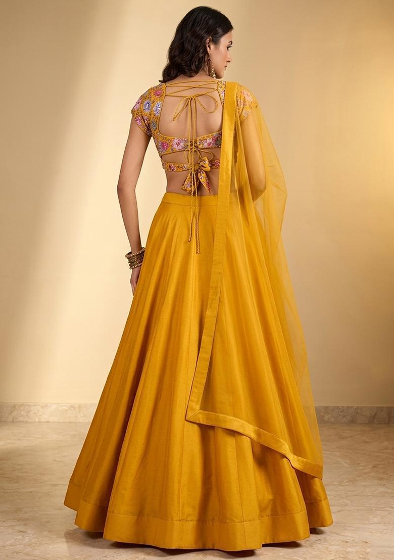 Mustard Yellow Printed Crepe Lehenga Set - Indya