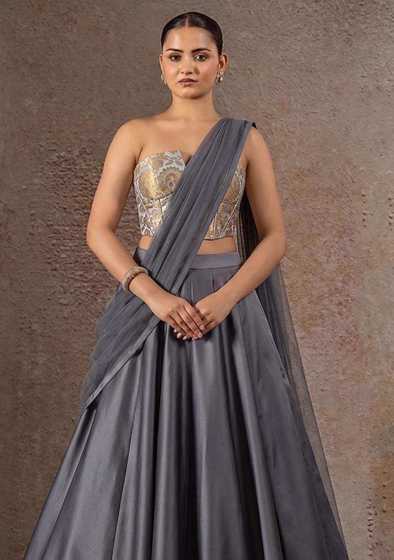 Grey Brocade Lehenga Set - Indya