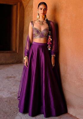 Purple Printed Silk Blend Lehenga Set