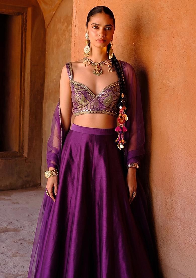 Purple Printed Silk Blend Lehenga Set - Indya
