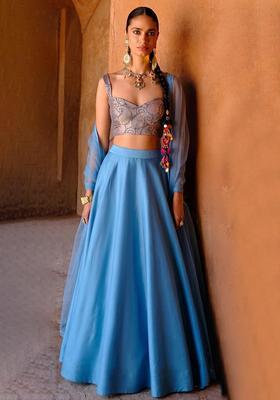 Powder Blue Printed Silk Blend Lehenga Set