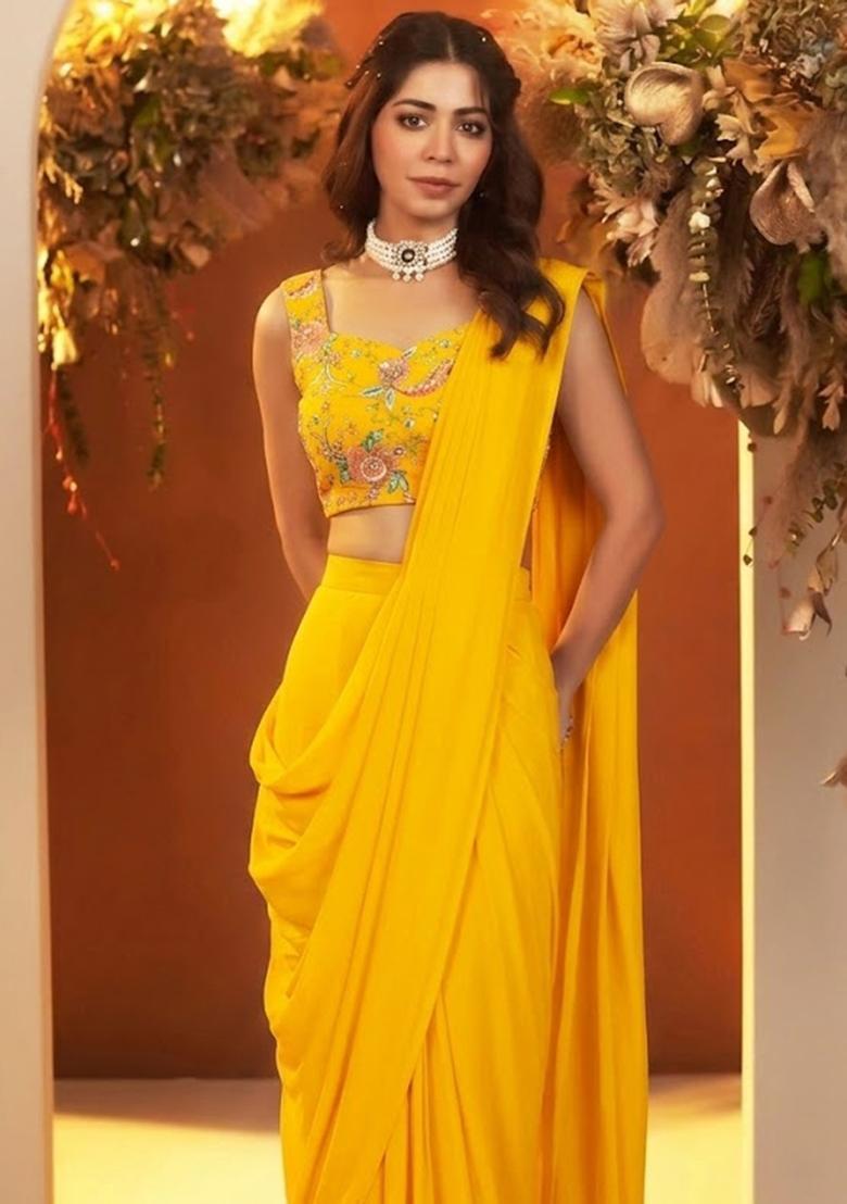 Yellow Printed Crepe Pre Draped Saree Set - Indya