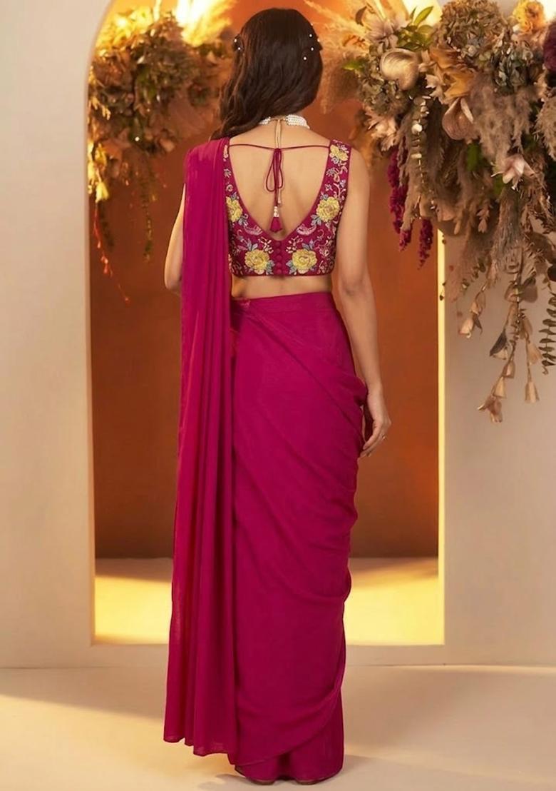 Magenta Pink Printed Crepe Pre Draped Saree Set - Indya