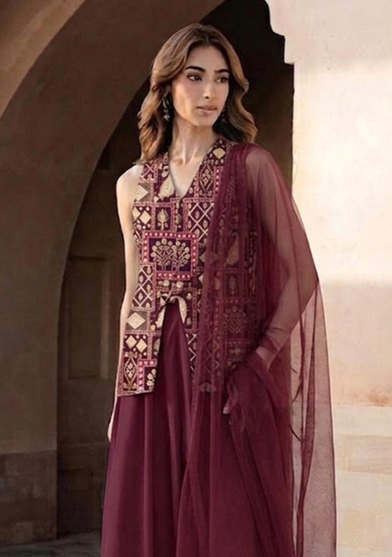 Wine Printed Fusion Set - Indya