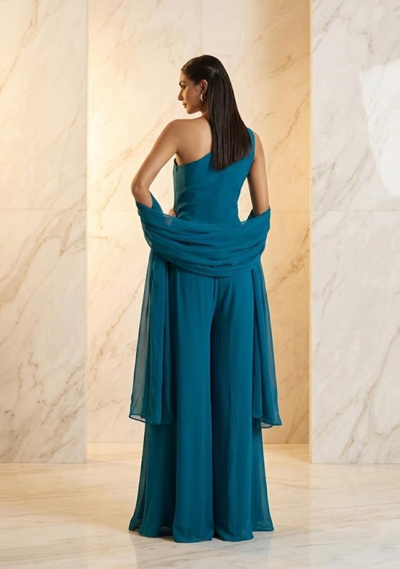 Teal Blue Embroidered Handwork Sharara Set - Indya