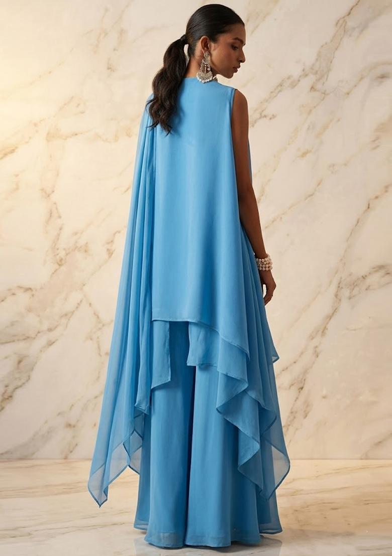 Sky Blue Embroidered Handwork Fusion Set - Indya