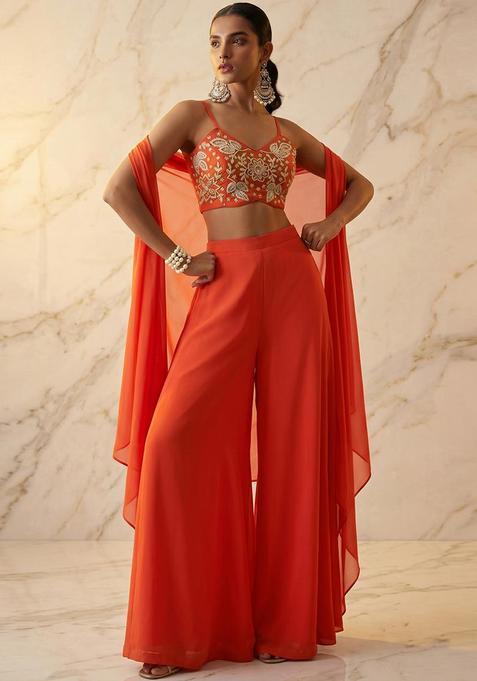 Orange Embroidered Handwork Fusion Set