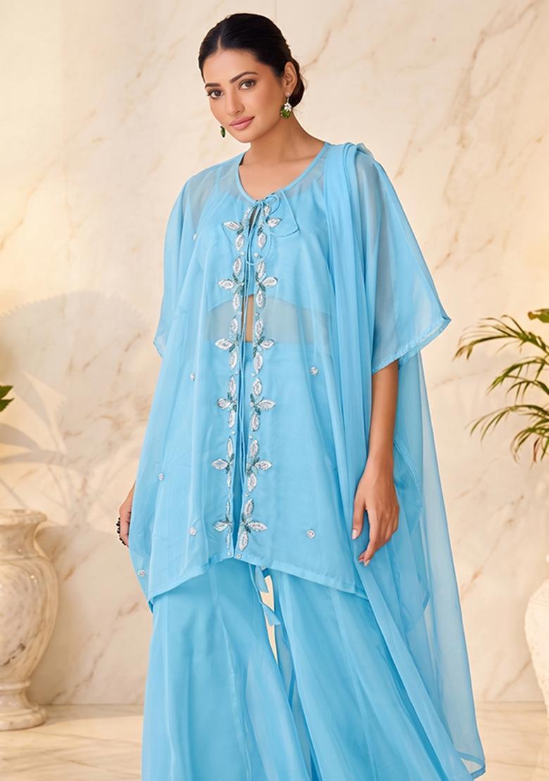 Sky Blue Embroidered Handwork Fusion Set - Indya