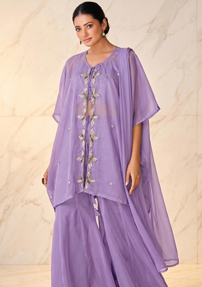 Lavender Embroidered Handwork Fusion Set - Indya