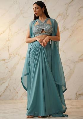 Teal Blue Embroidered Handwork Pre Draped Saree Set