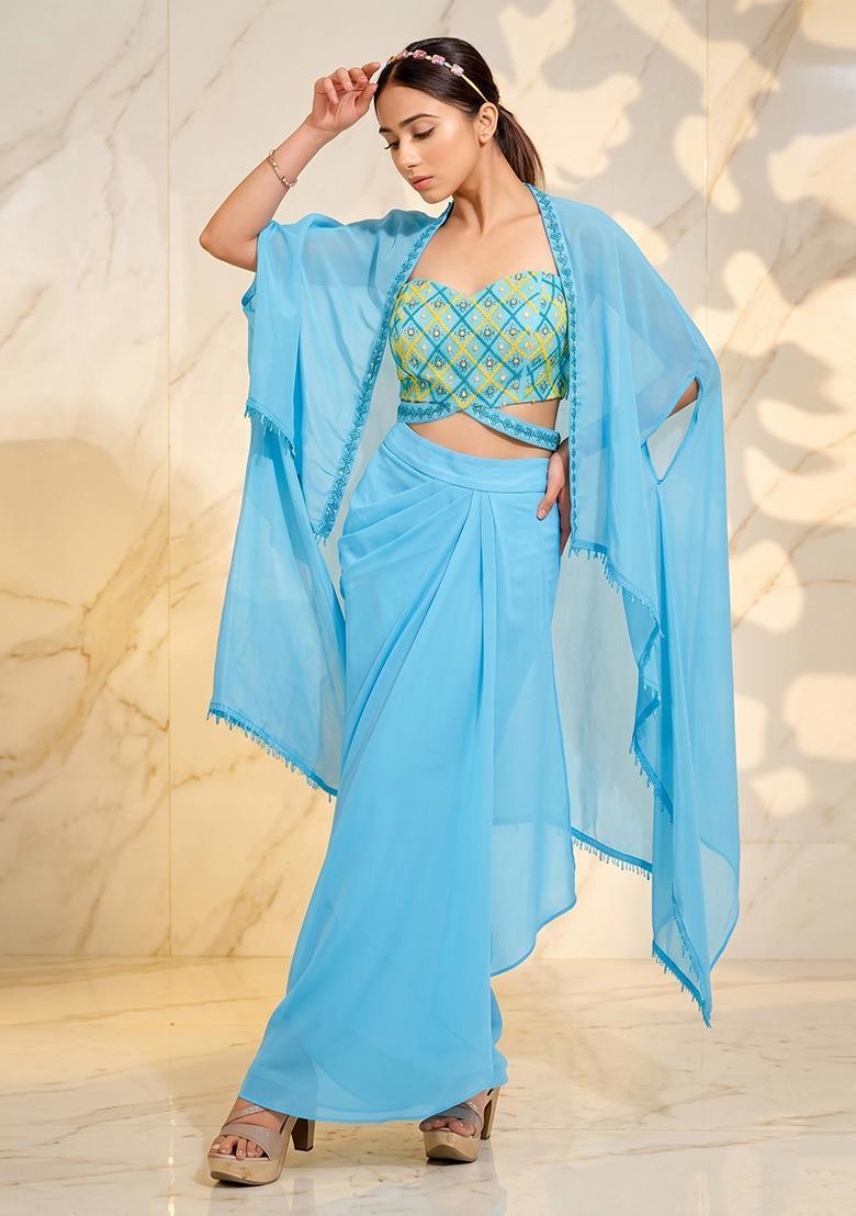 Sky Blue Embroidered Handwork Fusion Set - Indya