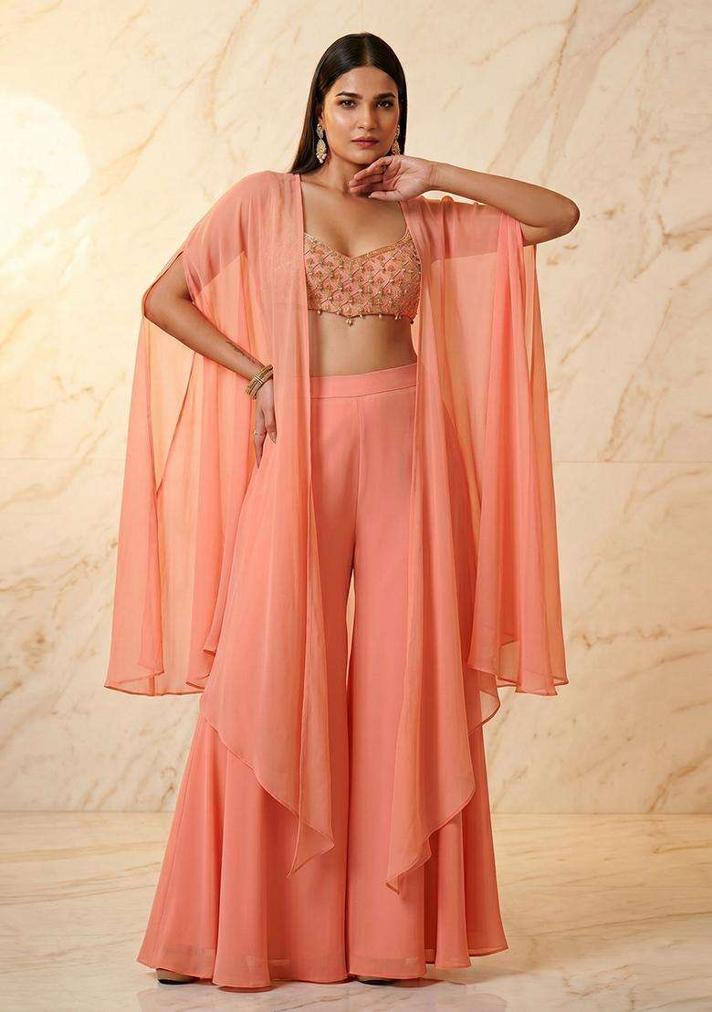 Peach Embroidered Handwork Fusion Set - Indya