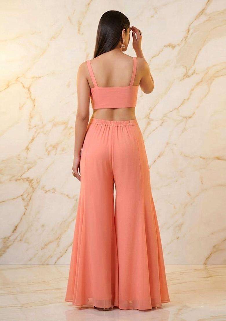 Peach Embroidered Handwork Fusion Set - Indya