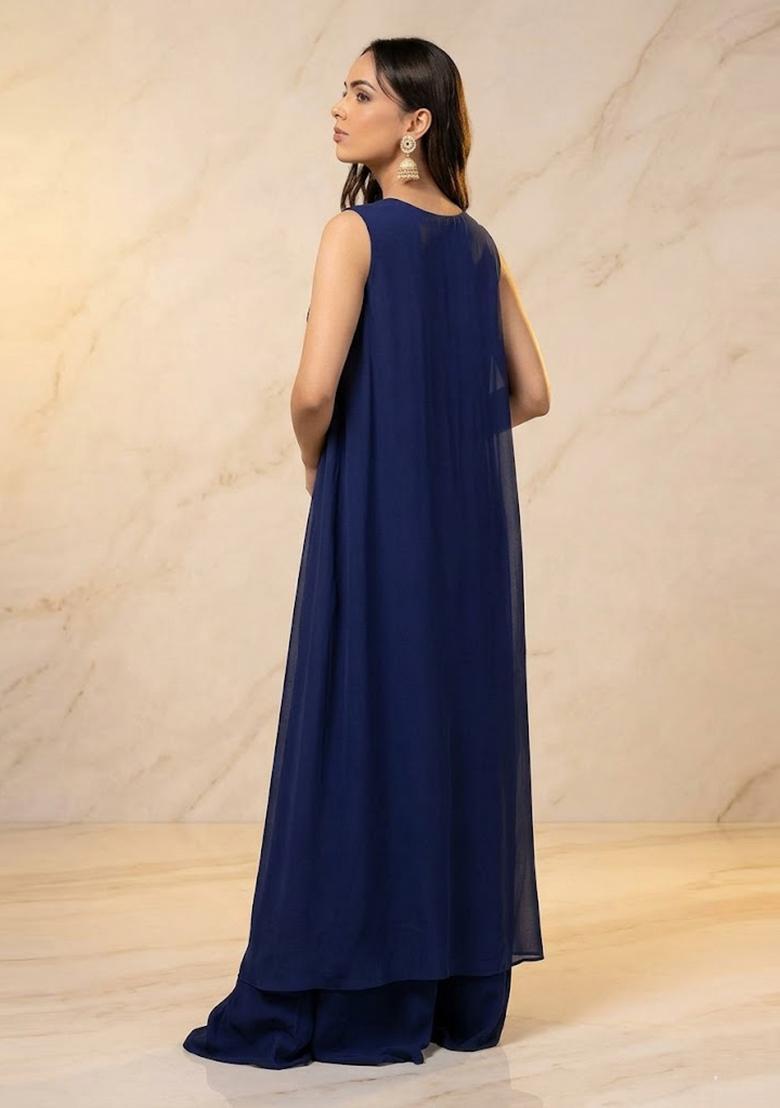Navy Blue Embroidered Handwork Fusion Set - Indya