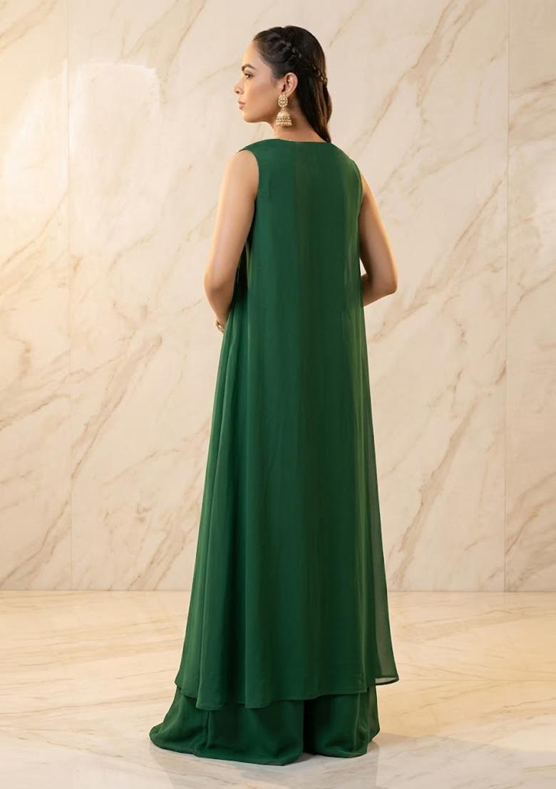 Dark Green Embroidered Handwork Fusion Set - Indya