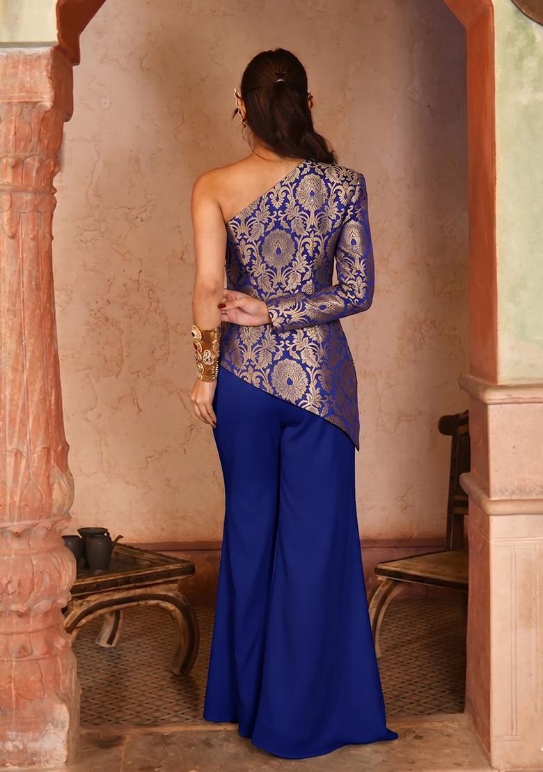 Dark Blue Brocade Fusion Set - Indya