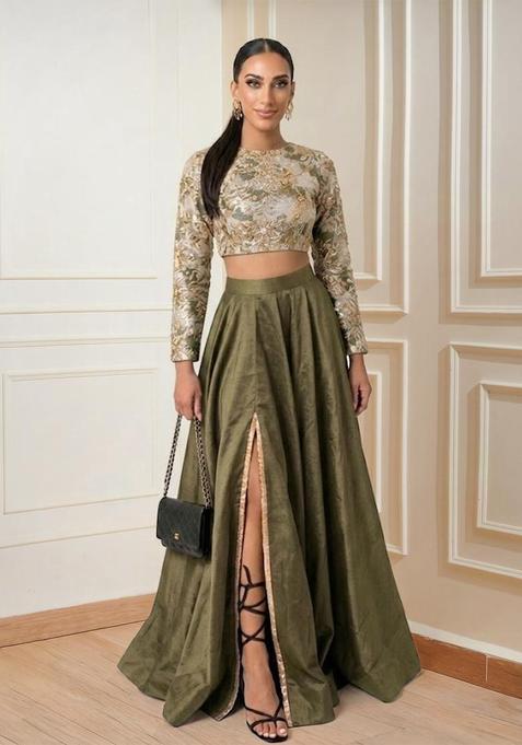 Olive Green Embroidered Prom Dress