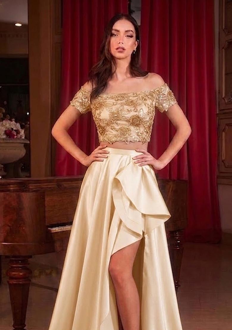 Soft Beige Embroidered Net Prom Dress - Indya