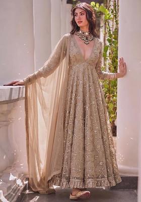 Beige Embroidered Net Anarkali with Dupatta