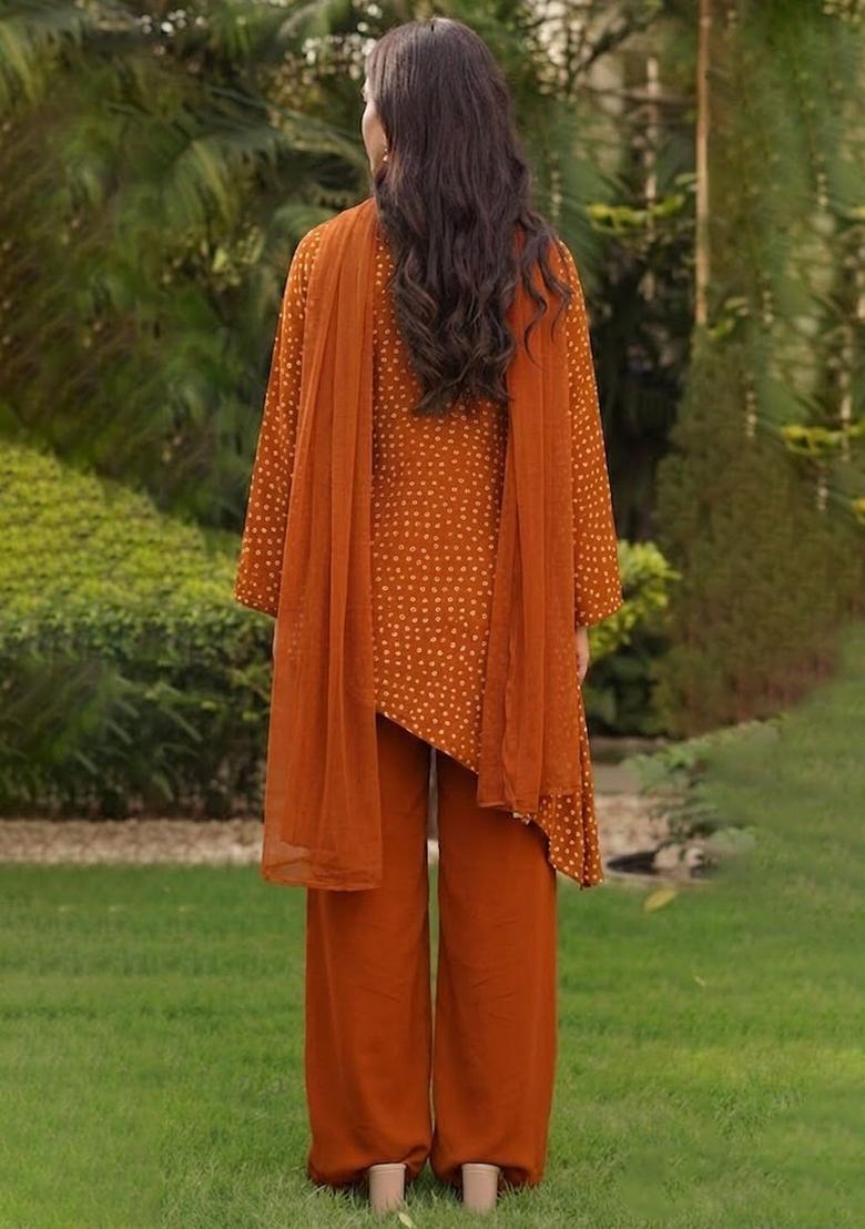 Rust Orange Printed Crepe Fusion Set - Indya