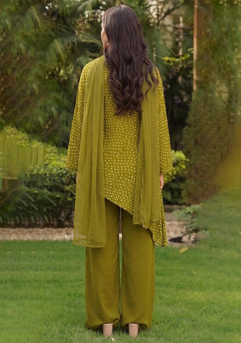 Green Printed Crepe Fusion Set - Indya