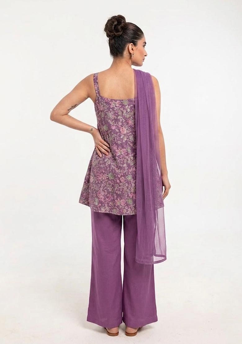 Mauve Purple Printed Crepe Kurta Set - Indya