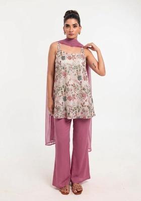 Baby Pink Printed Crepe Kurta Set