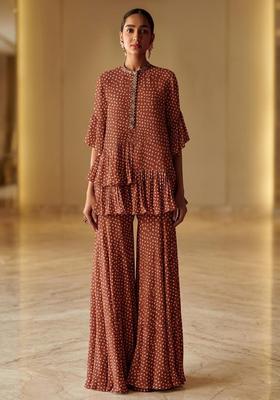 Brown Printed Crepe Fusion Set