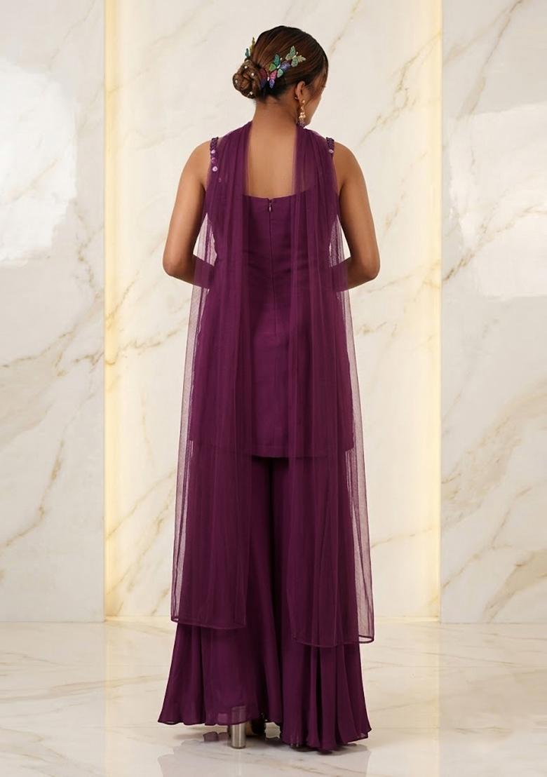 Purple Embroidered Handwork Sharara Set - Indya