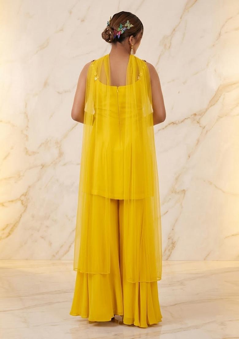 Yellow Embroidered Handwork Sharara Set - Indya