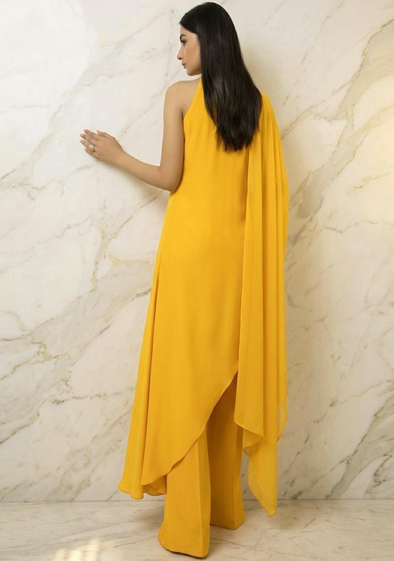 Yellow Embroidered Handwork Fusion Set - Indya