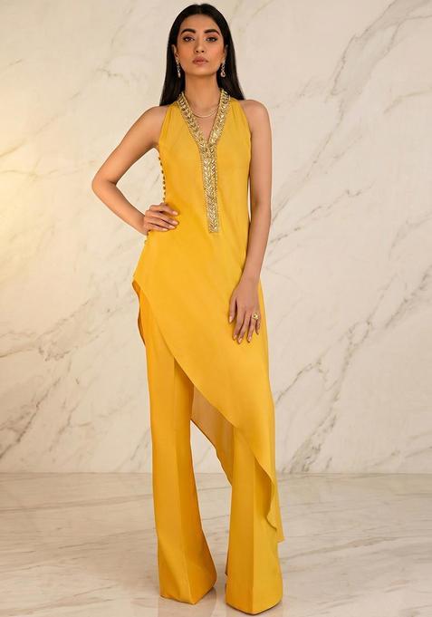 Yellow Embroidered Handwork Fusion Set