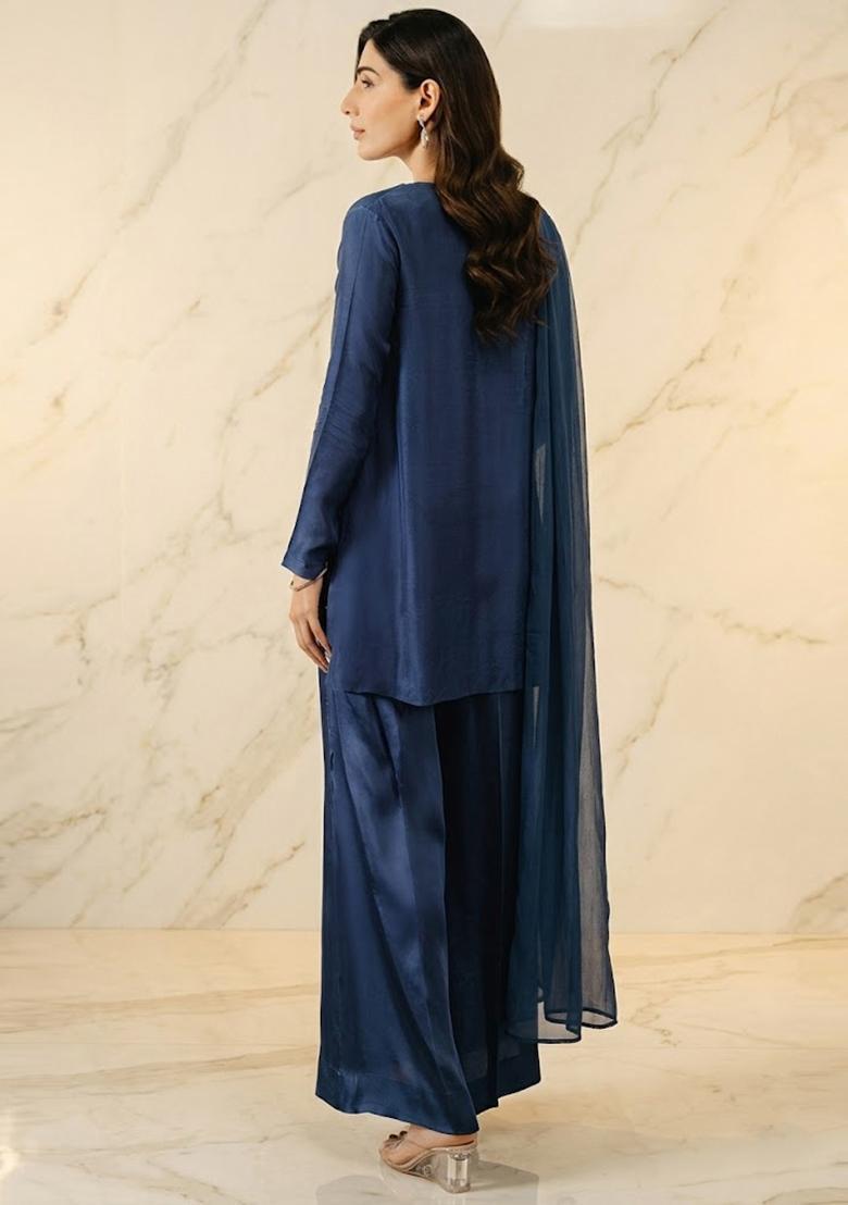 Steel Blue Embroidered Handwork Sharara Set - Indya
