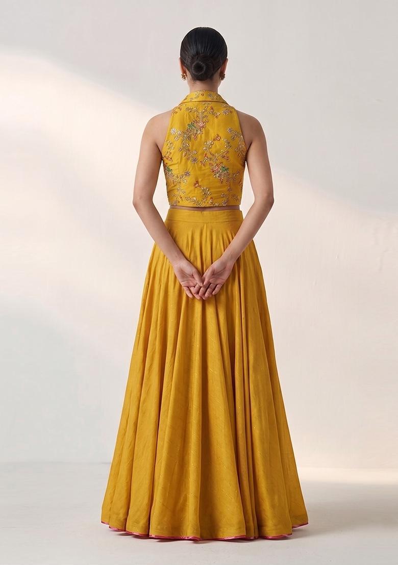 Mustard Yellow Embroidered Crepe Lehenga Set - Indya