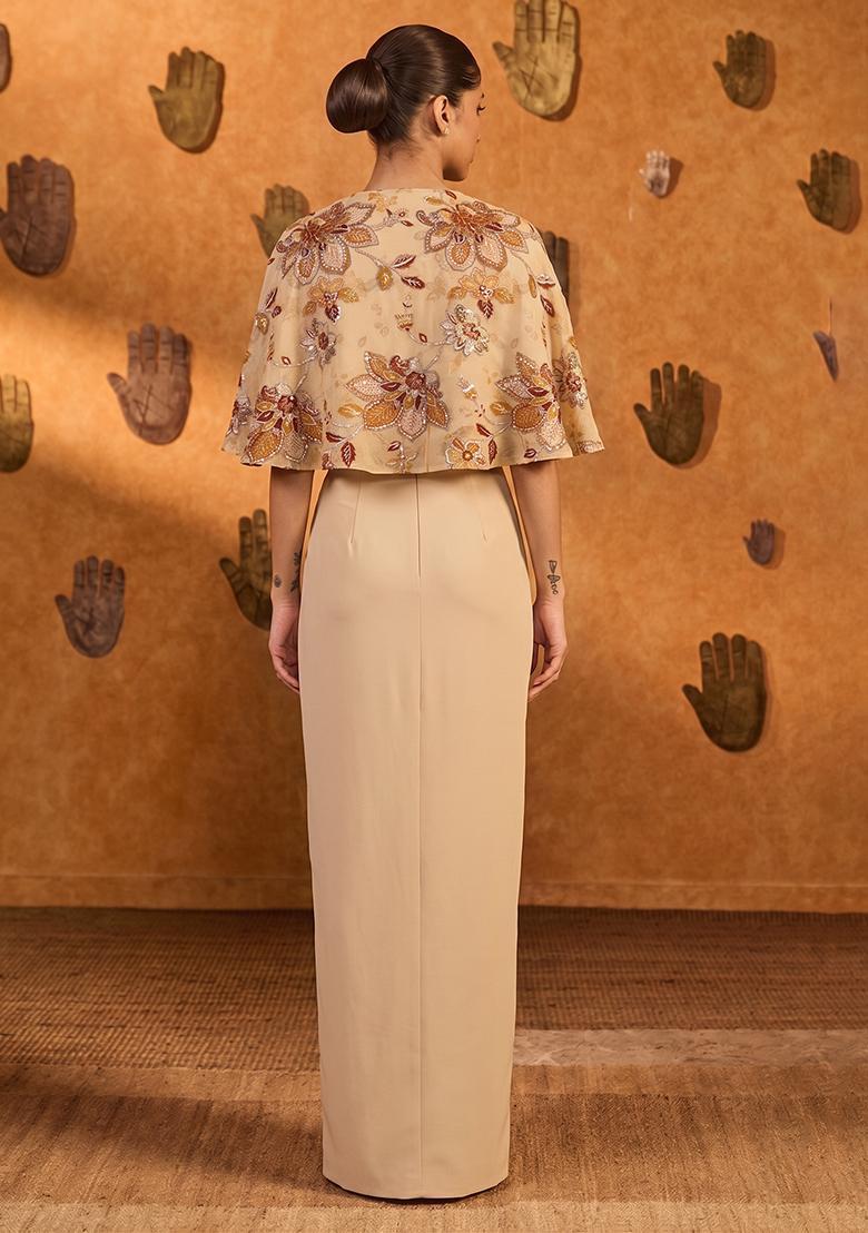 Beige Printed Organza Fusion Set - Indya