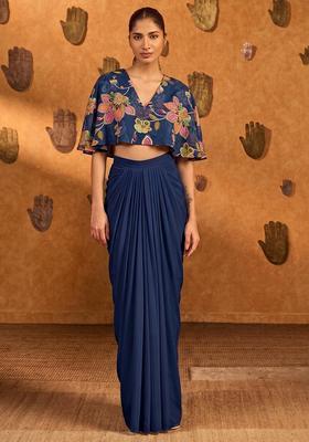 Dark Blue Printed Organza Fusion Set