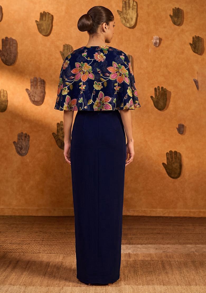Dark Blue Printed Organza Fusion Set - Indya