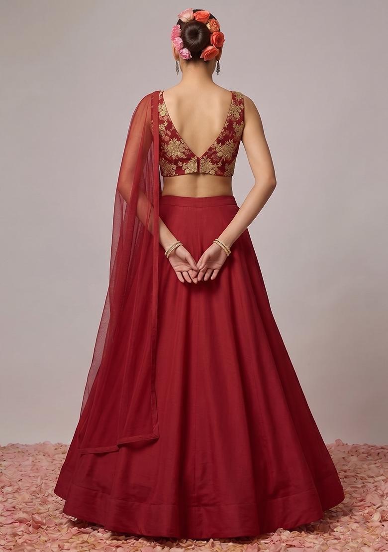 Red Embroidered Net Lehenga Set - Indya